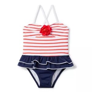 Janie and Jack Recycled Striped Americana Swimsuit in Tomato Stripe NWT